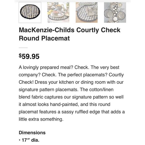 Mackenzie Childs NWOT Courtly Check Ruffled Round Placemat Set of 6 Retail $360 - Picture 8 of 8